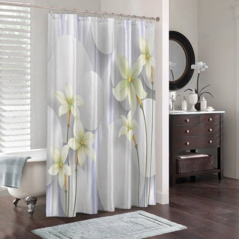 3D штора для ванной «Нежно-салатовые цветы на объемном фоне» вид 3