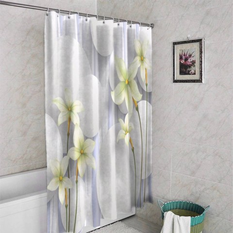 3D штора для ванной «Нежно-салатовые цветы на объемном фоне» вид 4