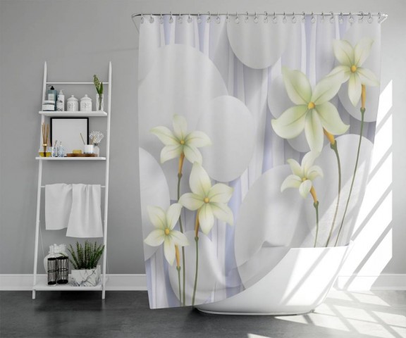 3D штора для ванной «Нежно-салатовые цветы на объемном фоне» вид 5