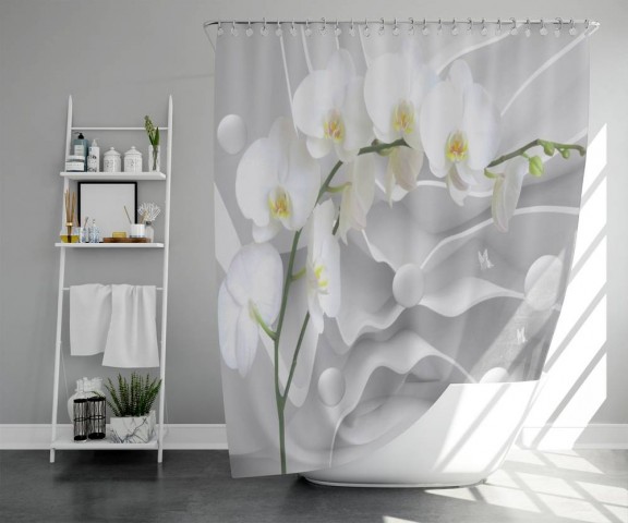 3D штора для ванны «Белая орхидея на объемном фоне» вид 5