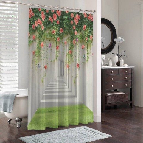 3D шторка для ванной «Тоннель с лианами роз» вид 3