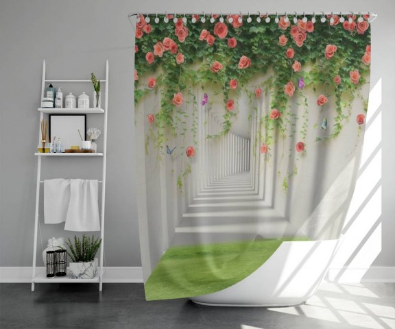3D шторка для ванной «Тоннель с лианами роз» вид 5