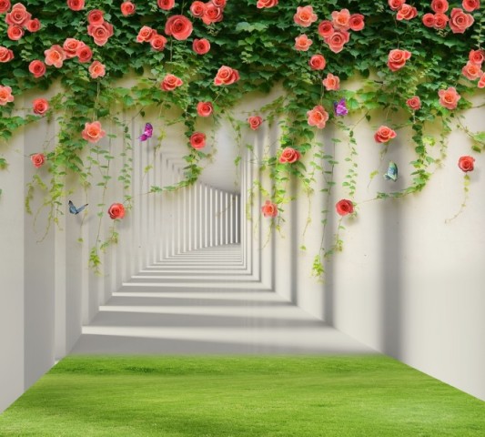 3D шторка для ванной «Тоннель с лианами роз» вид 2