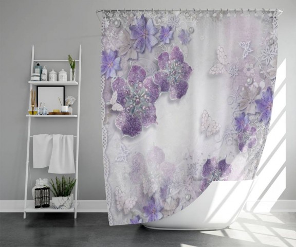 Занавеска для ванной «Ювелирные фиолетовые цветы» вид 5