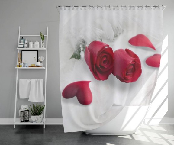 3D штора в ванную «Красные розы в перьях» вид 5