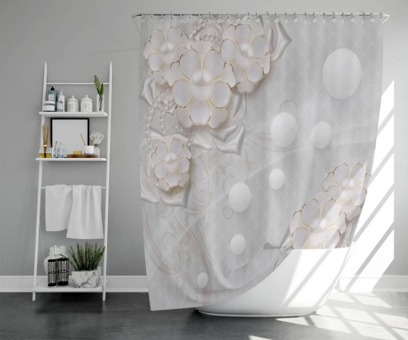 3D фото занавеска для ванной «Объемные цветы с жемчугом» вид 5