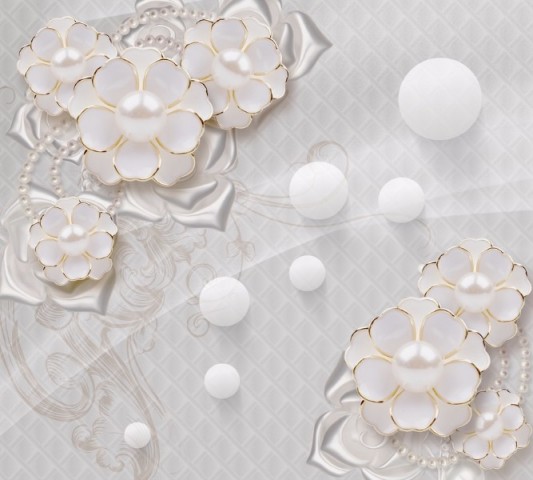 3D фото занавеска для ванной «Объемные цветы с жемчугом» вид 2