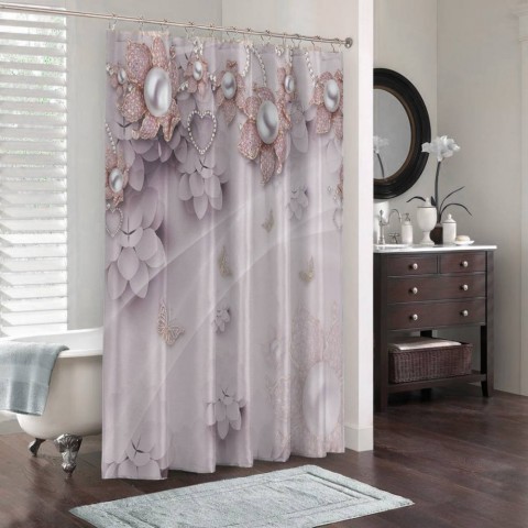 3D штора для ванной «Драгоценные цветы с жемчугом» вид 3