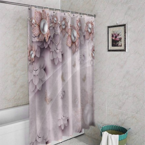 3D штора для ванной «Драгоценные цветы с жемчугом» вид 4