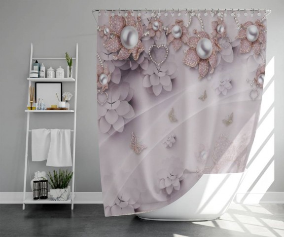 3D штора для ванной «Драгоценные цветы с жемчугом» вид 5