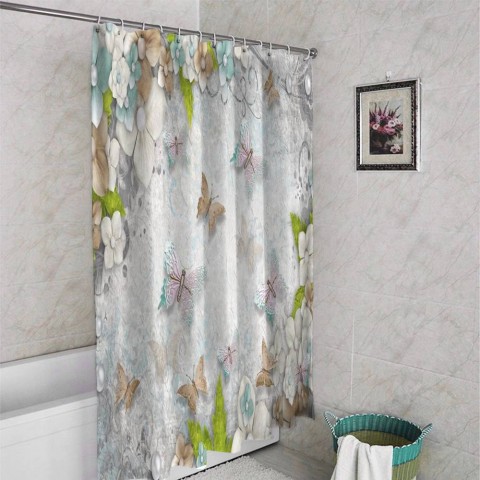 3D штора в ванную комнату «Цветы и бабочки» вид 4