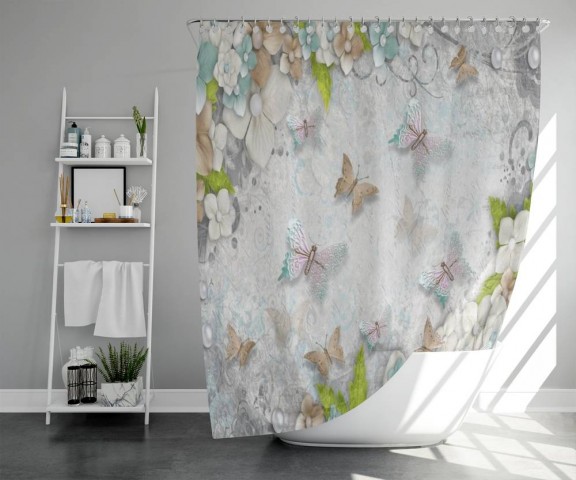 3D штора в ванную комнату «Цветы и бабочки» вид 5