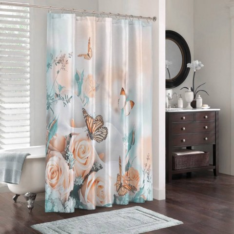 3D шторка для ванной «Бабочки над розами» вид 3