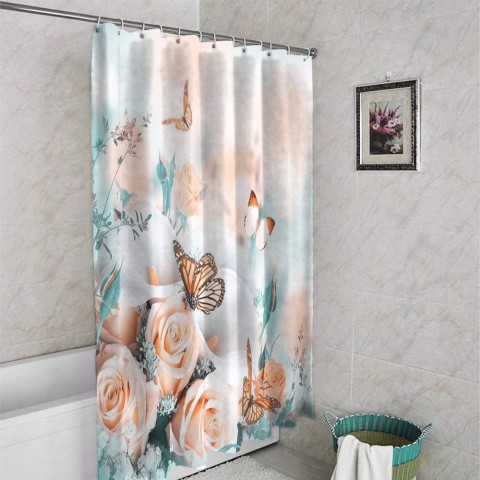 3D шторка для ванной «Бабочки над розами» вид 4