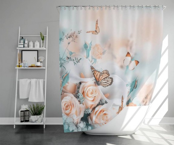 3D шторка для ванной «Бабочки над розами» вид 5