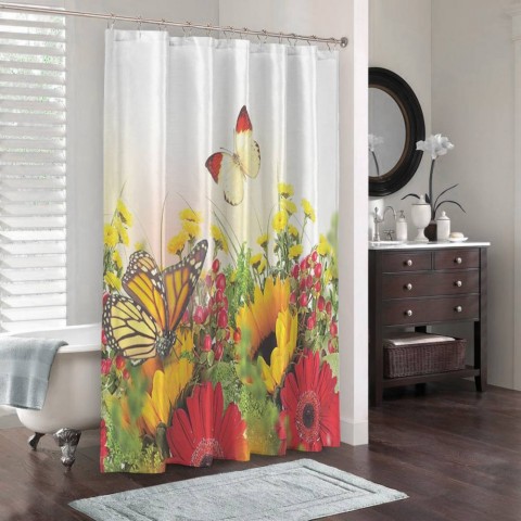 3D штора для ванны «Бабочки над яркими цветами» вид 3