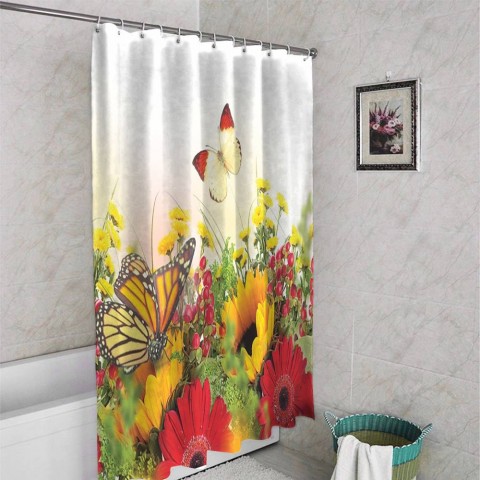 3D штора для ванны «Бабочки над яркими цветами» вид 4