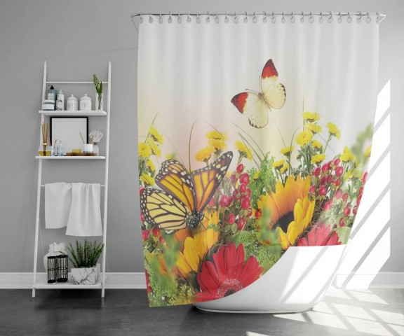 3D штора для ванны «Бабочки над яркими цветами» вид 5