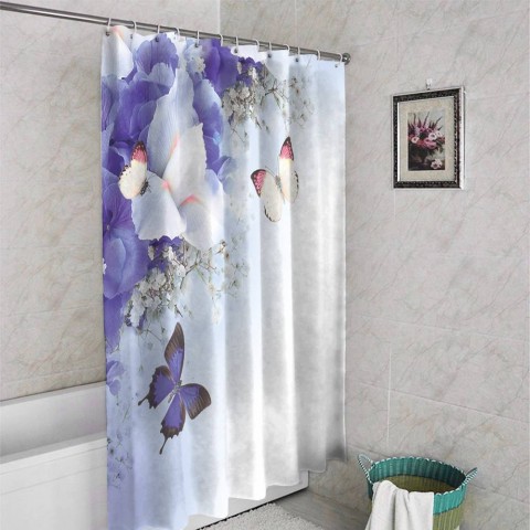 3D фото занавеска для ванной «Бабочки под нежными цветами» вид 4