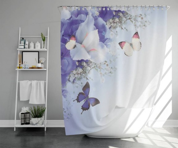 3D фото занавеска для ванной «Бабочки под нежными цветами» вид 5