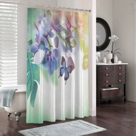 3D штора для ванной «Бабочки под орхидеей» вид 3