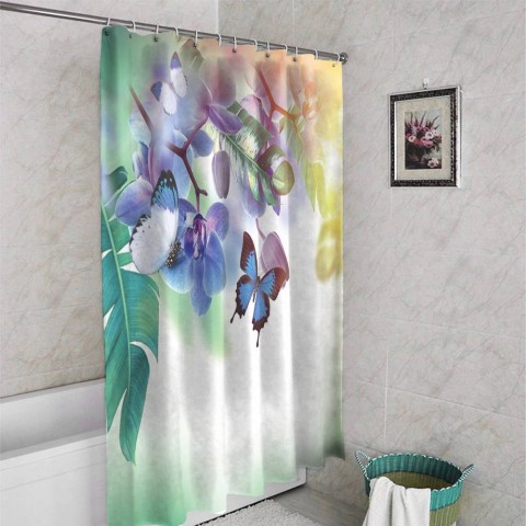 3D штора для ванной «Бабочки под орхидеей» вид 4