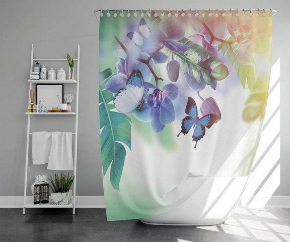 3D штора для ванной «Бабочки под орхидеей» вид 5