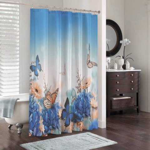 3D штора в ванную комнату «Синие бабочки» вид 3