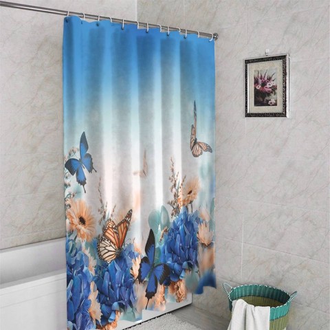 3D штора в ванную комнату «Синие бабочки» вид 4