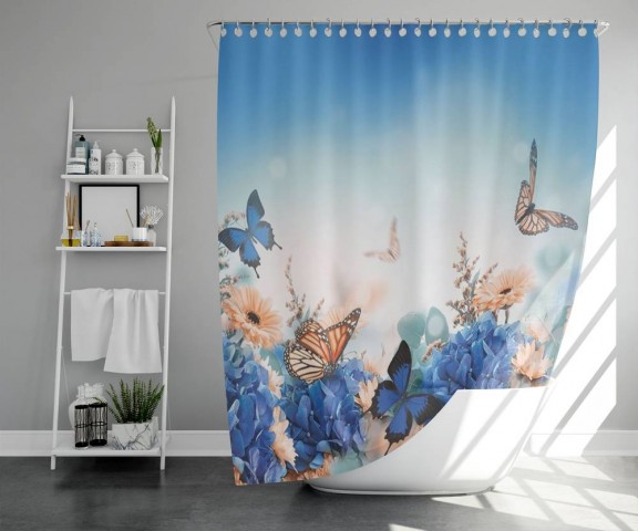 3D штора в ванную комнату «Синие бабочки» вид 5