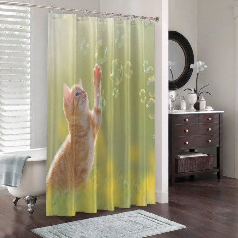 3D штора в ванную «Рыжий кот с мыльными пузырями» вид 3