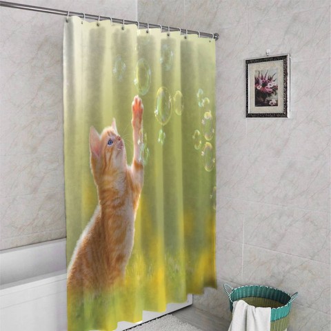 3D штора в ванную «Рыжий кот с мыльными пузырями» вид 4