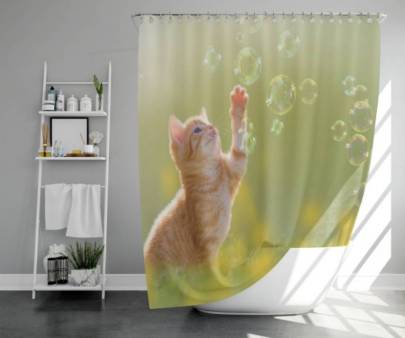 3D штора в ванную «Рыжий кот с мыльными пузырями» вид 5