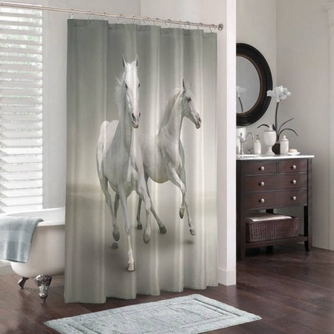 3D занавеска в ванную комнату «Белые лошади на сером фоне» вид 3