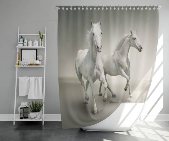 3D занавеска в ванную комнату «Белые лошади на сером фоне» вид 5