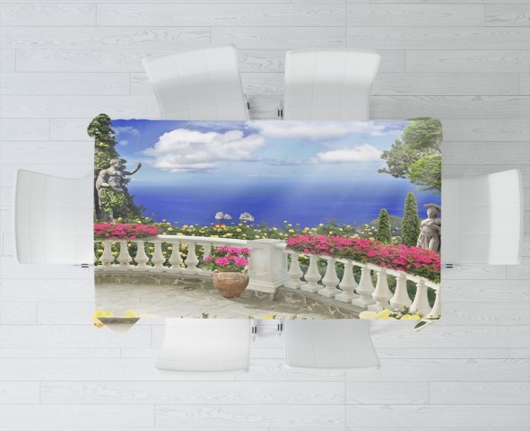 Габардиновая 3D скатерть для стола «Античный балкон с видом на синий океан» вид 3
