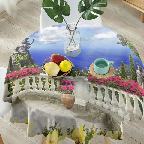 Габардиновая 3D скатерть для стола «Античный балкон с видом на синий океан» вид 5