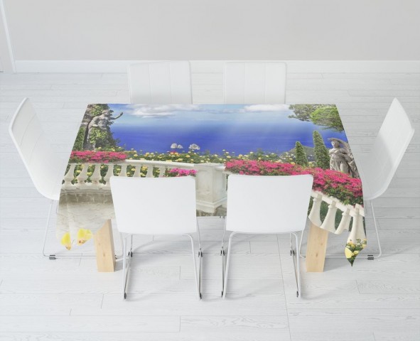 Габардиновая 3D скатерть для стола «Античный балкон с видом на синий океан» вид 6