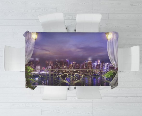 Текстильная 3D скатерть на обеденный стол «Балкон в ночном городе» вид 3