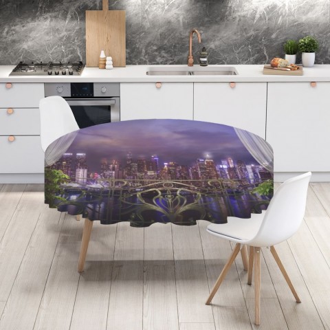 Текстильная 3D скатерть на обеденный стол «Балкон в ночном городе» вид 4