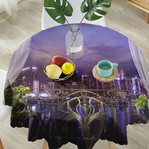 Текстильная 3D скатерть на обеденный стол «Балкон в ночном городе» вид 5