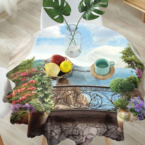 Габардиновая 3D скатерть на кухонный стол «Балкон на скалистом берегу океана» вид 5