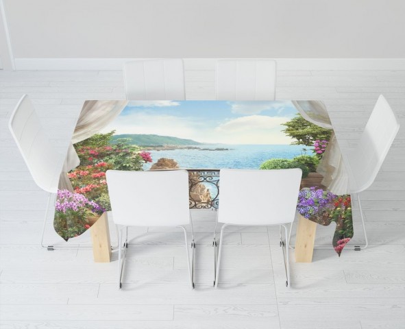 Габардиновая 3D скатерть на кухонный стол «Балкон на скалистом берегу океана» вид 6