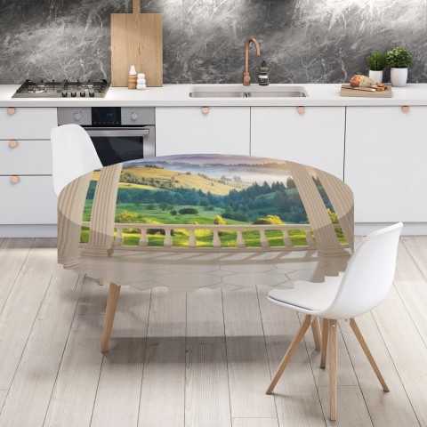 Текстильная скатерть на кухонный стол «Балкон с видом на альпийское утро» вид 4
