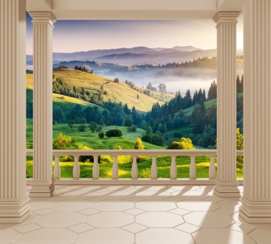 Текстильная скатерть на кухонный стол «Балкон с видом на альпийское утро» вид 1
