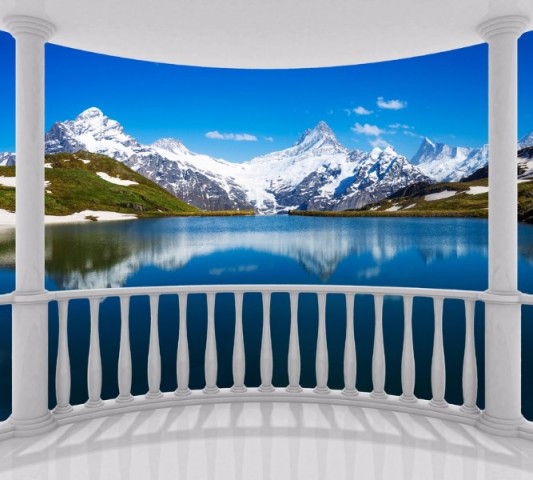Полотняная скатерть для стола «Балкон с видом на горы» вид 1