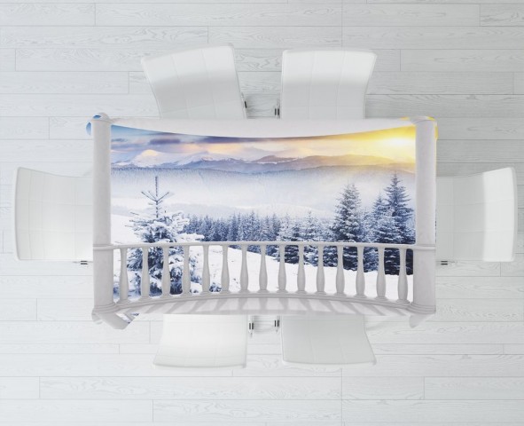 Текстильная скатерть на обеденный стол «Вид с балкона на зимний лес» вид 3