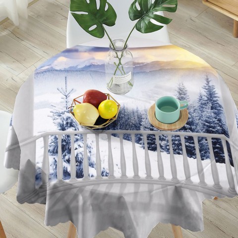 Текстильная скатерть на обеденный стол «Вид с балкона на зимний лес» вид 5
