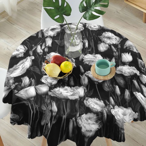 Тканевая 3D скатерть на кухонный стол «Цветы на темной ткани» вид 5