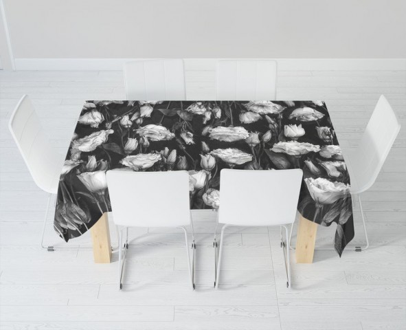 Тканевая 3D скатерть на кухонный стол «Цветы на темной ткани» вид 6